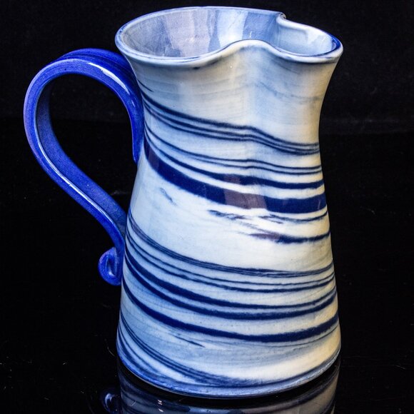 Handcrafted Blue & White Ceramic Pitcher With Swirl Design - Unique Wavy Rim - Picture 7 of 8